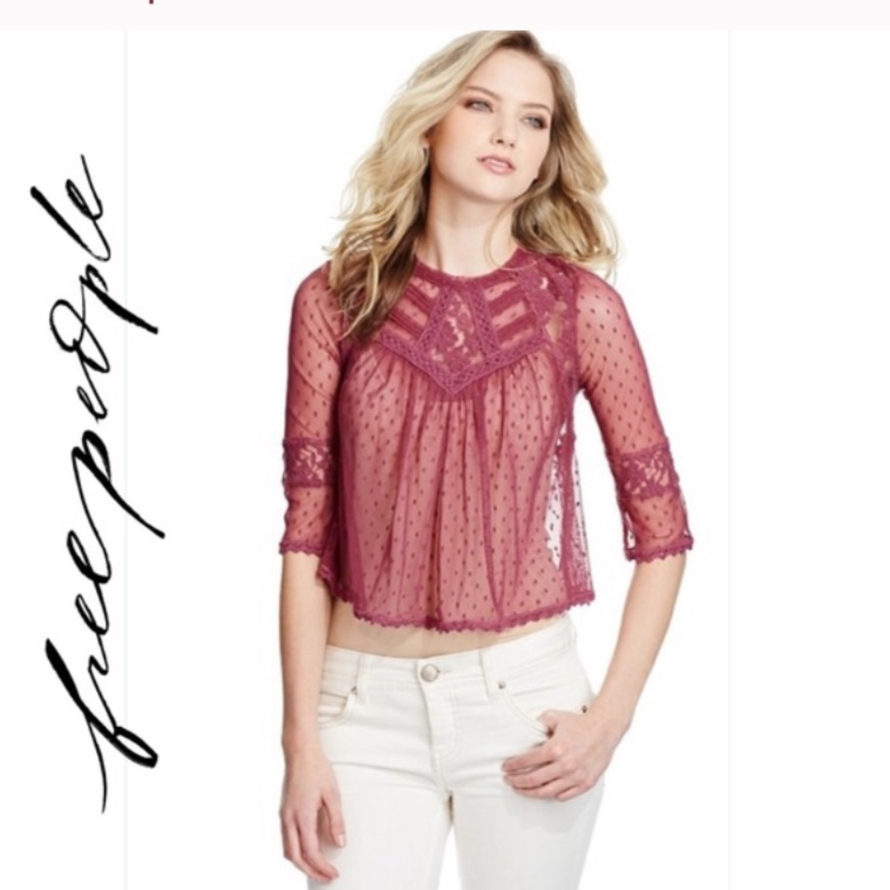 Free People Plum Sheer Lace Boho Peplum Blouse - Crochet 3/4 Sleeve Top Small